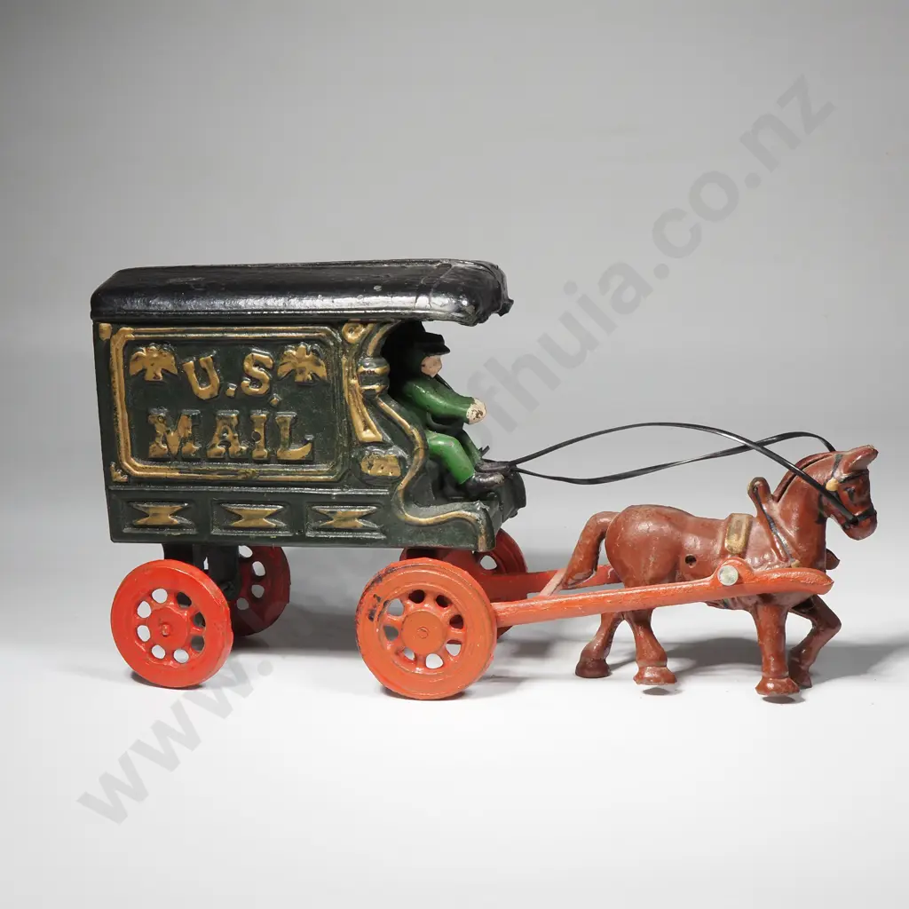 Vintage Cast Iron US Mail Wagon Toy w Detachable Horse, Driver & Reins Image 1++
