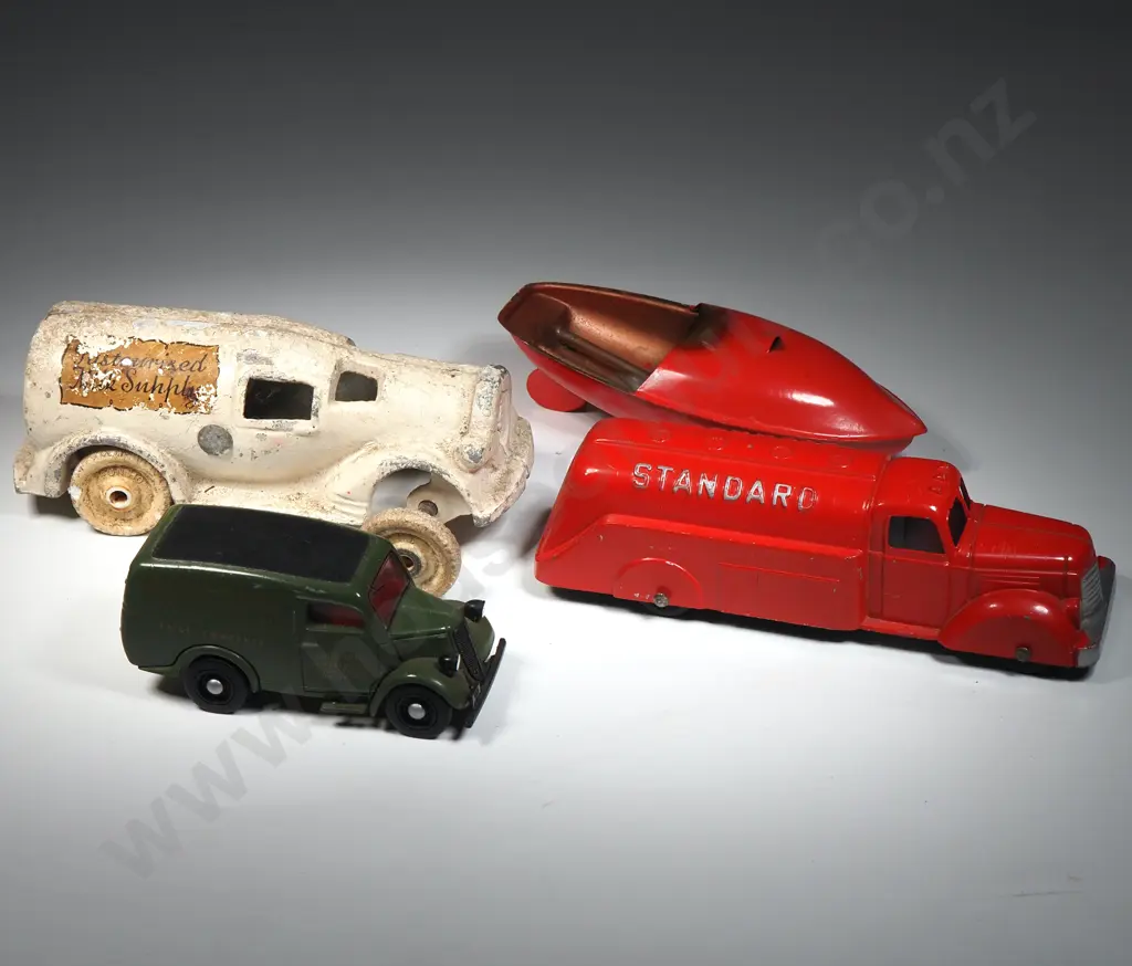 Assorted Lot of 4 Die Cast & Tin Plate Vehicles - Tankers, Van & a Candle Powered Boat Image 1++