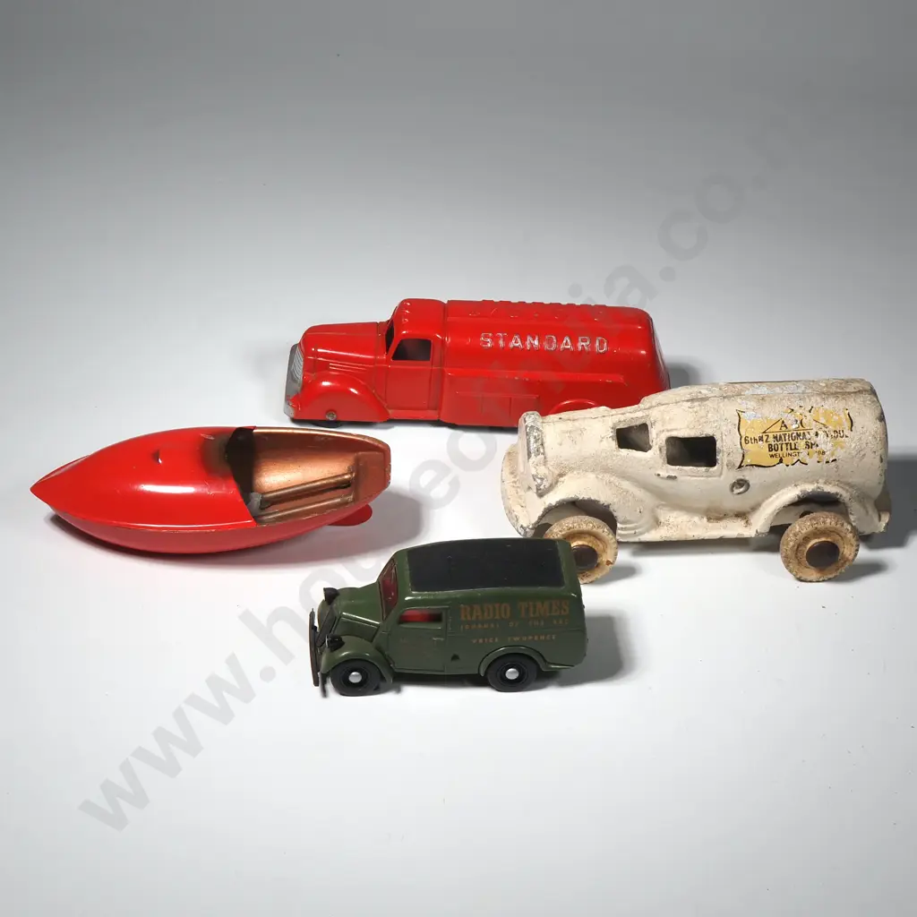 Assorted Lot of 4 Die Cast & Tin Plate Vehicles - Tankers, Van & a Candle Powered Boat Image 1++
