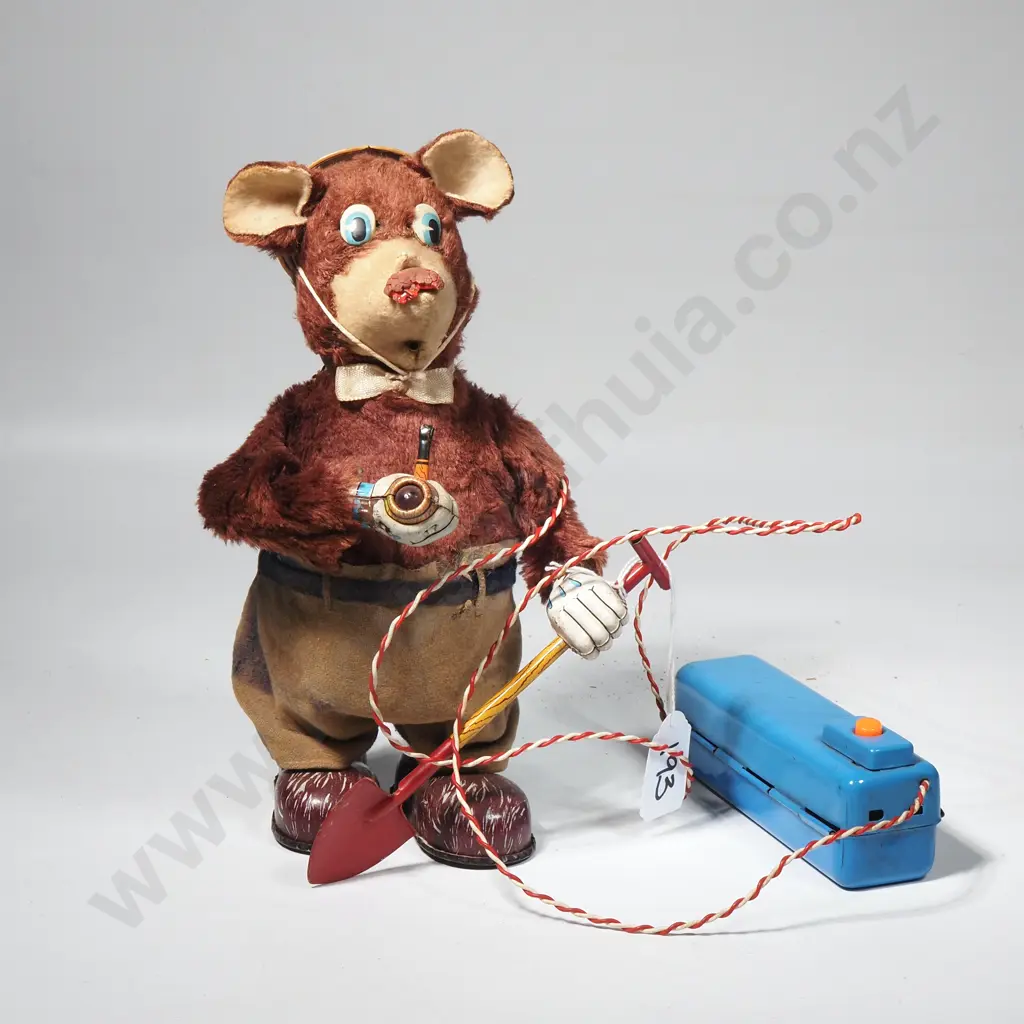 Japanese 'Smokey Bear' Battery Operated Tin Toy who Walks, Raises His Pipe to His Mouth & Smokes. Image 1++
