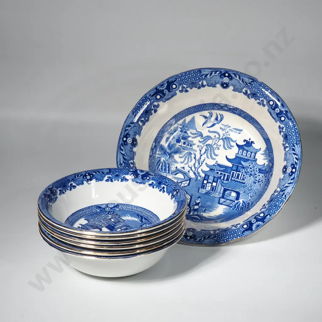 Burleigh Ware Blue & White Willow Pattern Dessert Set W Large Bowl & Six Matching Dessert Bowls Image 1++