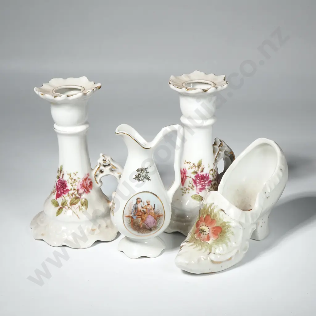 Collection of Porcelain - Two Candlesticks - Vase & Shoe Image 1++