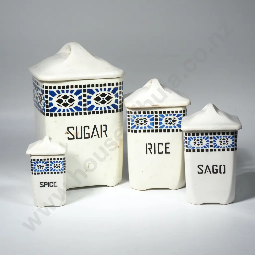 Four Vintage Art Deco Czechoslovakian Cannisters Marked Sugar, Sago, Spice, Rice Image 1++