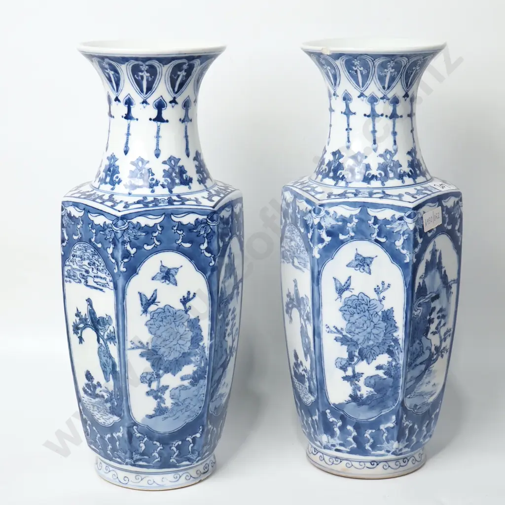 Vintage Pair of Blue and White Hexagonal vases Image 1++