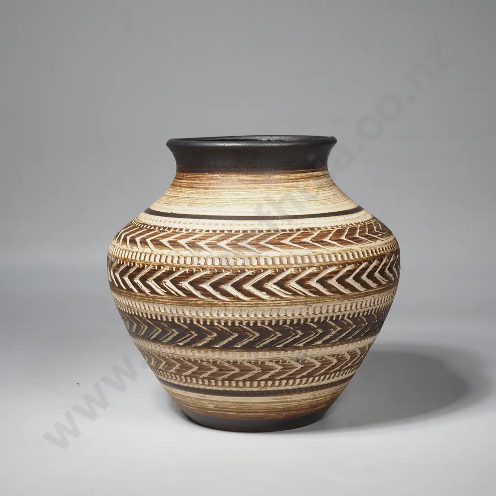 Vintage West German Pottery Vase w Sgraffito Geometric Herringbone Pattern Image 1++