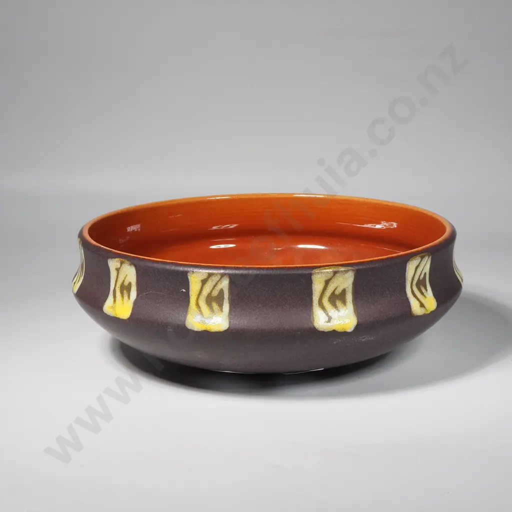 West German Pottery Bowl w Matt Exterior & Geometric Yellow Patterns, Possiblyu Scheurich Keramik Image 1++