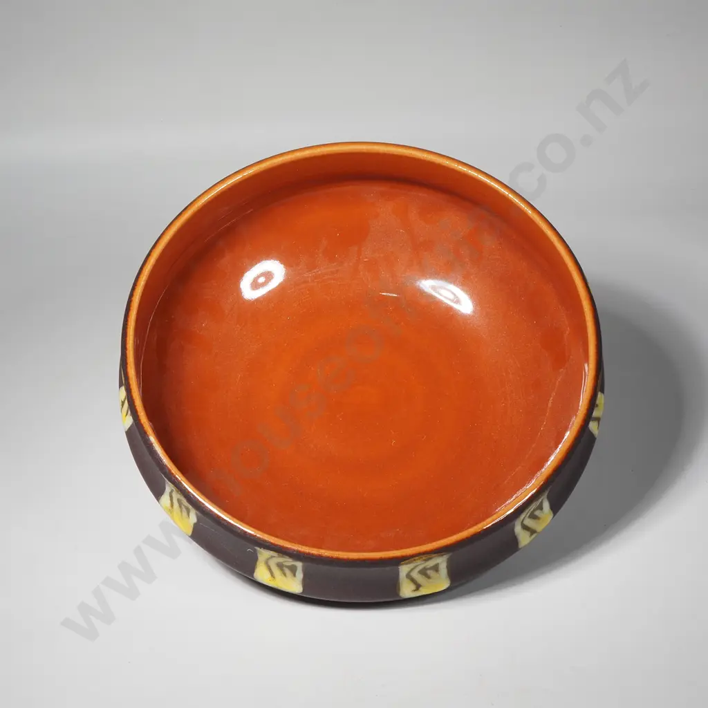 West German Pottery Bowl w Matt Exterior & Geometric Yellow Patterns, Possiblyu Scheurich Keramik Image 1++