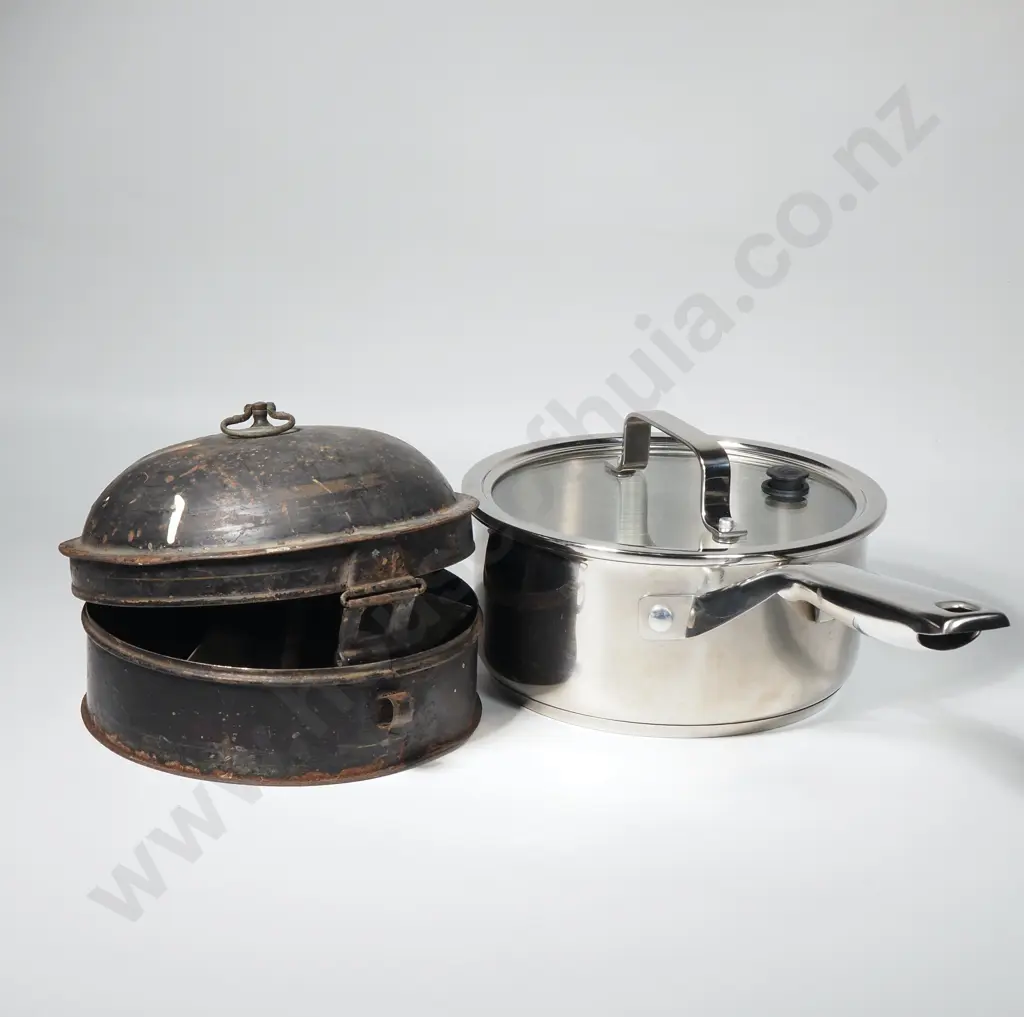 Antique Toleware Spice Tin W Hinged Lid, Brass Hand & a Lockable Clasp for Valuable Spices & a Masterchef Saucepan & Lid Image 1++