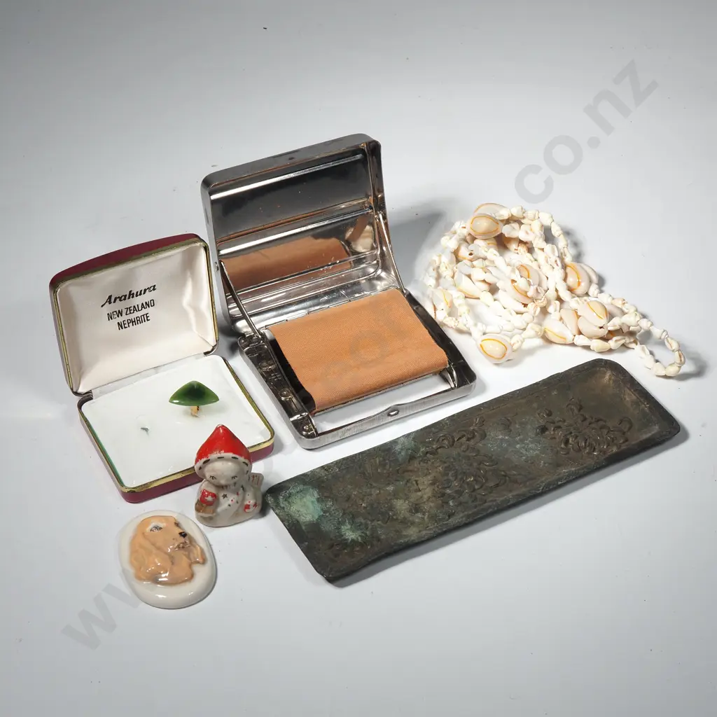 Assorted Items  - Japanese Metal Pen Tray, Shell Beads,Small China Christmas Figure & Rizla Cigarette Rolling Box Image 1++