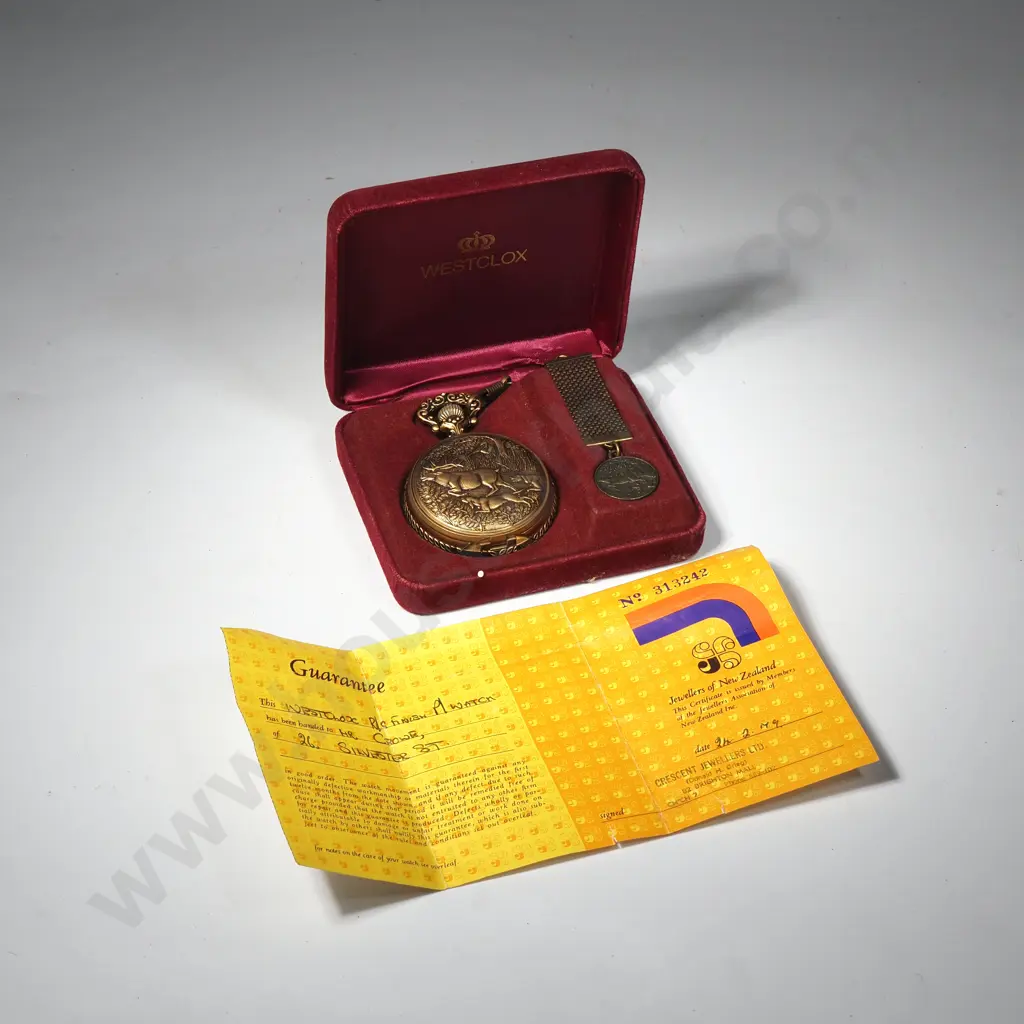 1970’s Westclox Hunting Buck Dog Pocket Watch 54mm In Original Box Image 1++