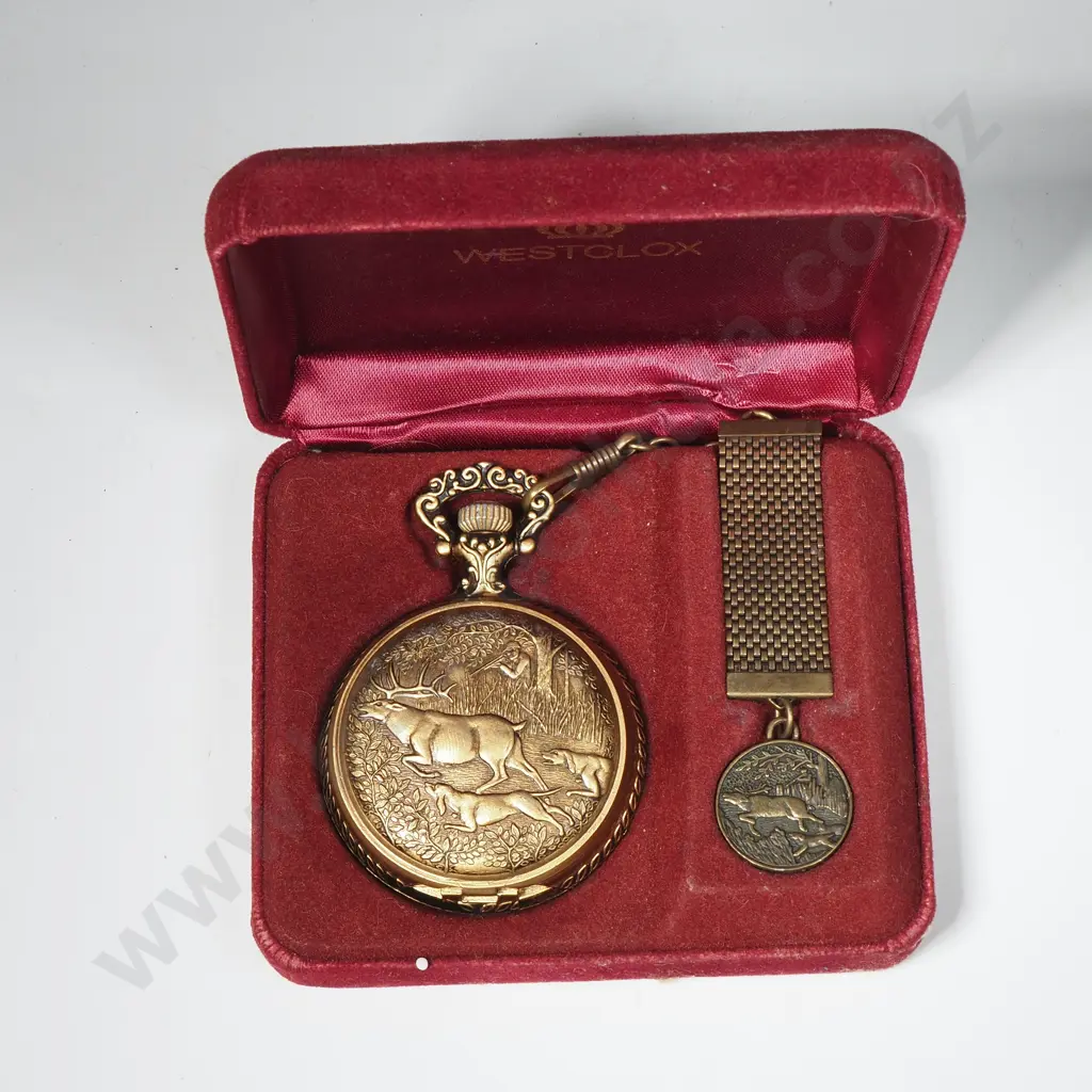 1970’s Westclox Hunting Buck Dog Pocket Watch 54mm In Original Box Image 1++