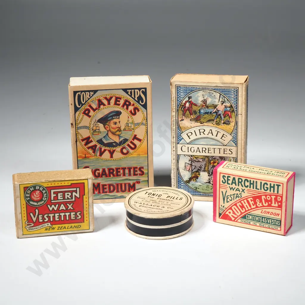 Three Cardboard Cigarette & Tobacco Boxes,  A Fern Wax Matches Vesta Box & a Tonic Pills Small Round Box Image 1++