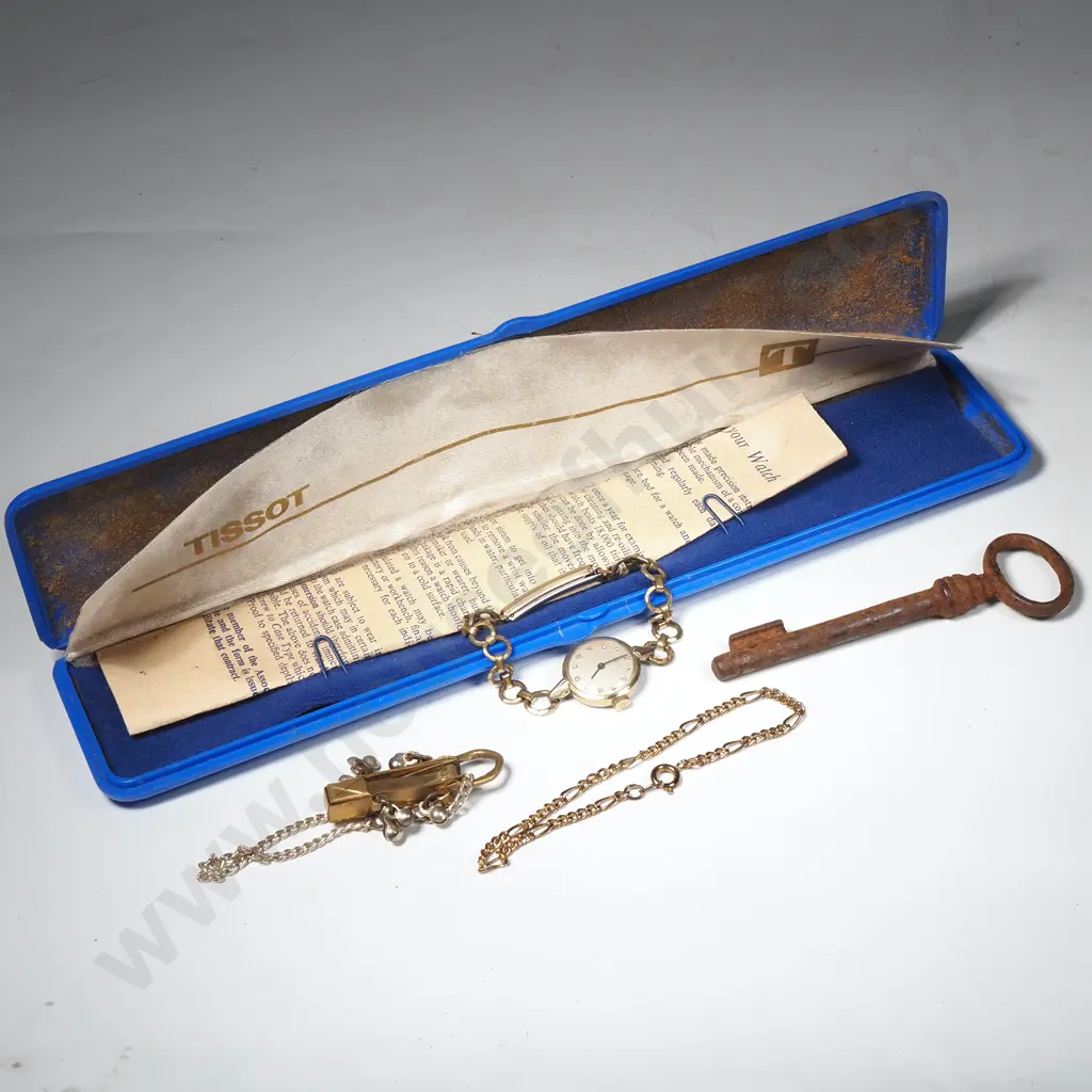 Vintage Tissot Ladies Wristwatch in Case, Brass Miniature Tool on Chain, Figaro Link Bracelet & Skeleton Key Image 1++