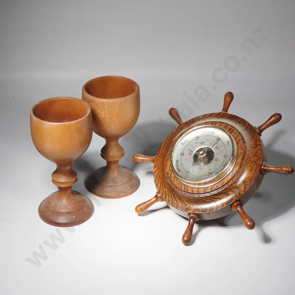 Vintage Oak Barometer In The Form Of A Ships Wheel & Two NZ Wooden Goblets.  Image 1++