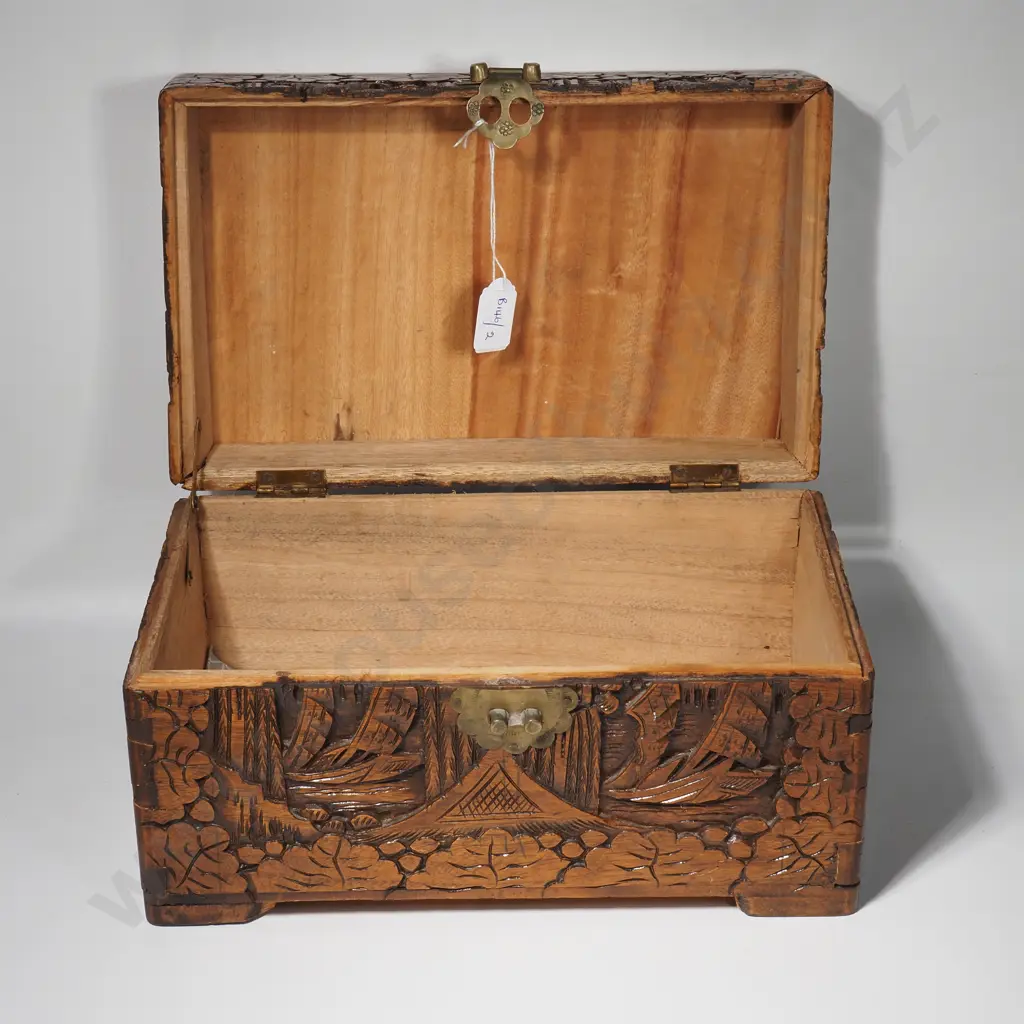 Carved Oriental Camphor  Jewellery/Deeds Box w Brass Lock Image 1++
