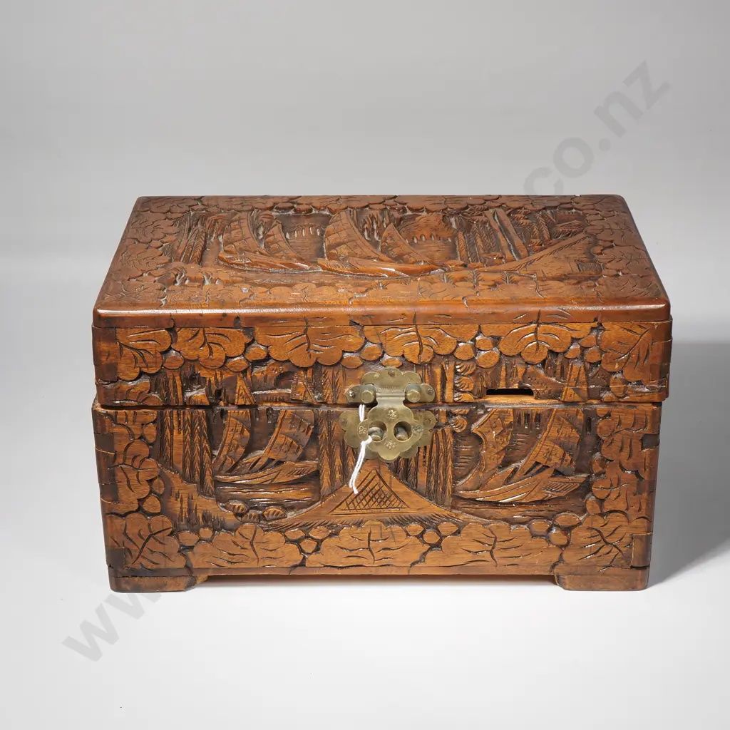Carved Oriental Camphor  Jewellery/Deeds Box w Brass Lock Image 1++