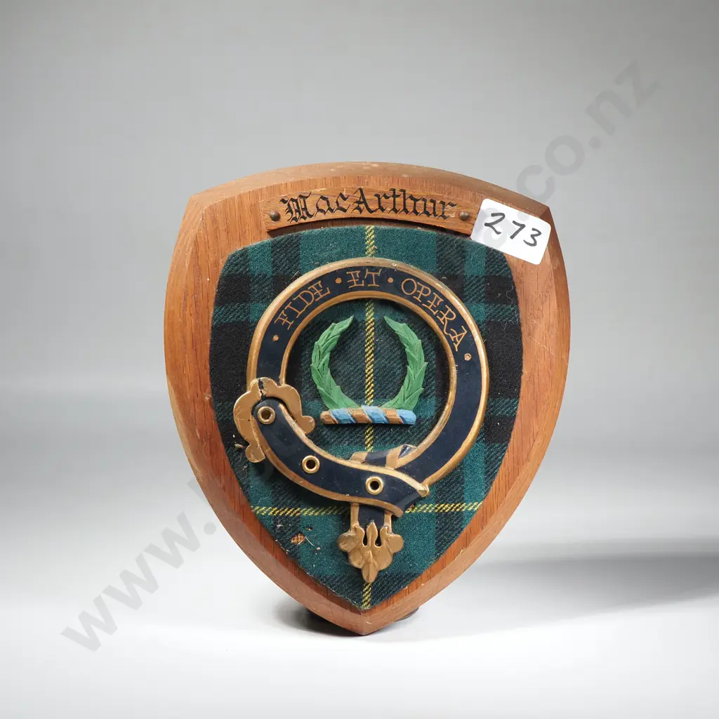 McArthur Clan Crest Wall Plaque w a Tartan Backdrop & the Motto "Fide et Opera" Image 1++