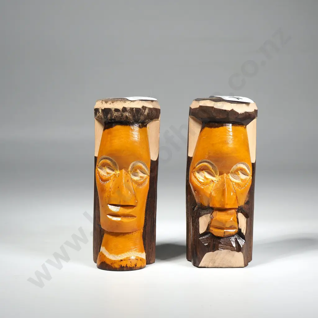 Pair Of Hand Carved Wood Folk Art Figures Depicting African Faces Image 1++