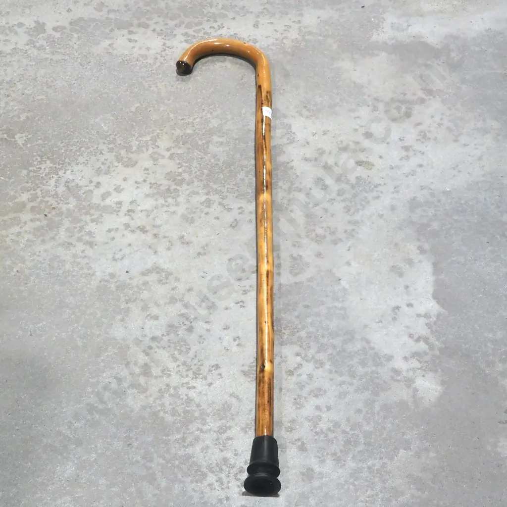 Stained Wooden Crook-Handled Walking Stick w Rubber Tip Image 1++
