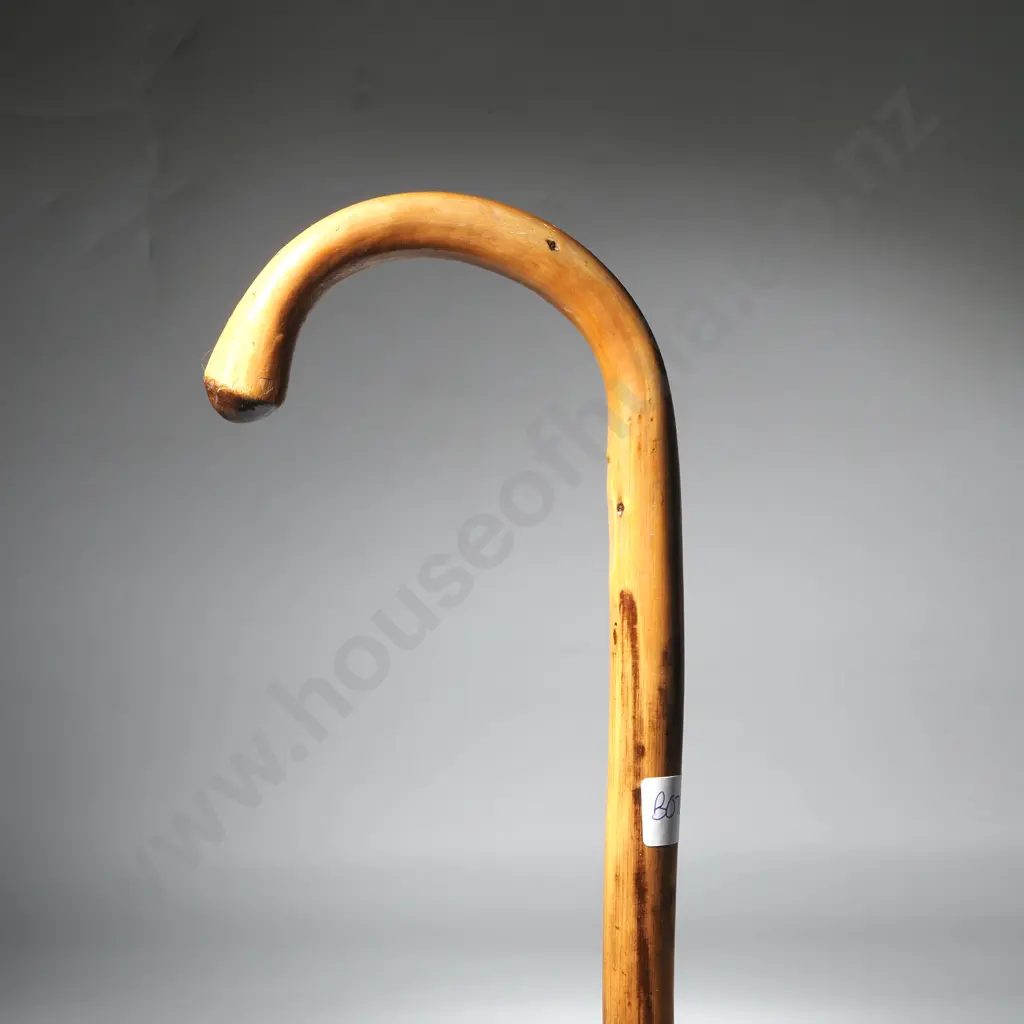 Stained Wooden Crook-Handled Walking Stick w Rubber Tip Image 1++