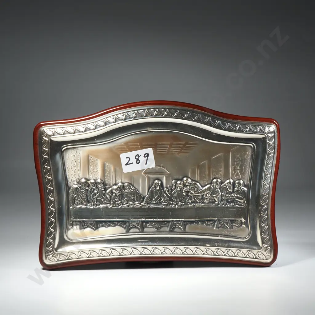 Silver Plate Plaque Depicting Leonardo da Vinci's  'Last Supper' On a Wooden Frame & the Signature 'Sagni' Bottom Left Image 1++