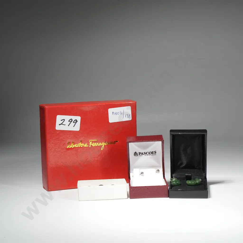 Salvatore Ferragamo Box Containing Greenstone "Infinity" Earrings, Marcella Dress Studs & Silver Stud Earrings Image 1++