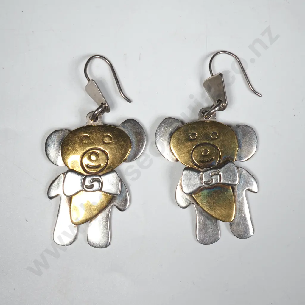 Heavy Two Tone Drop  Sterling Silver  Earrings In the form Of Teddy Bears With Bow Ties Image 1++