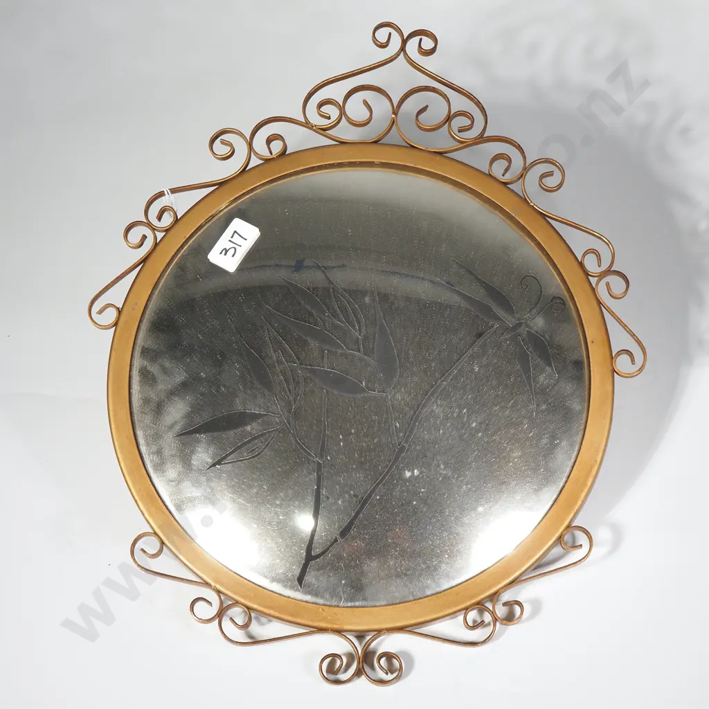 Vintage Decorative Convex Glass Mirror w a Painted Bamboo Design in a Gilt Metal Frame Image 1++