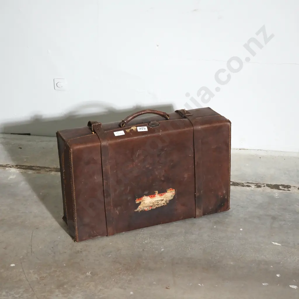Vintage Brown  Leather Suitcase w Straps Image 1++