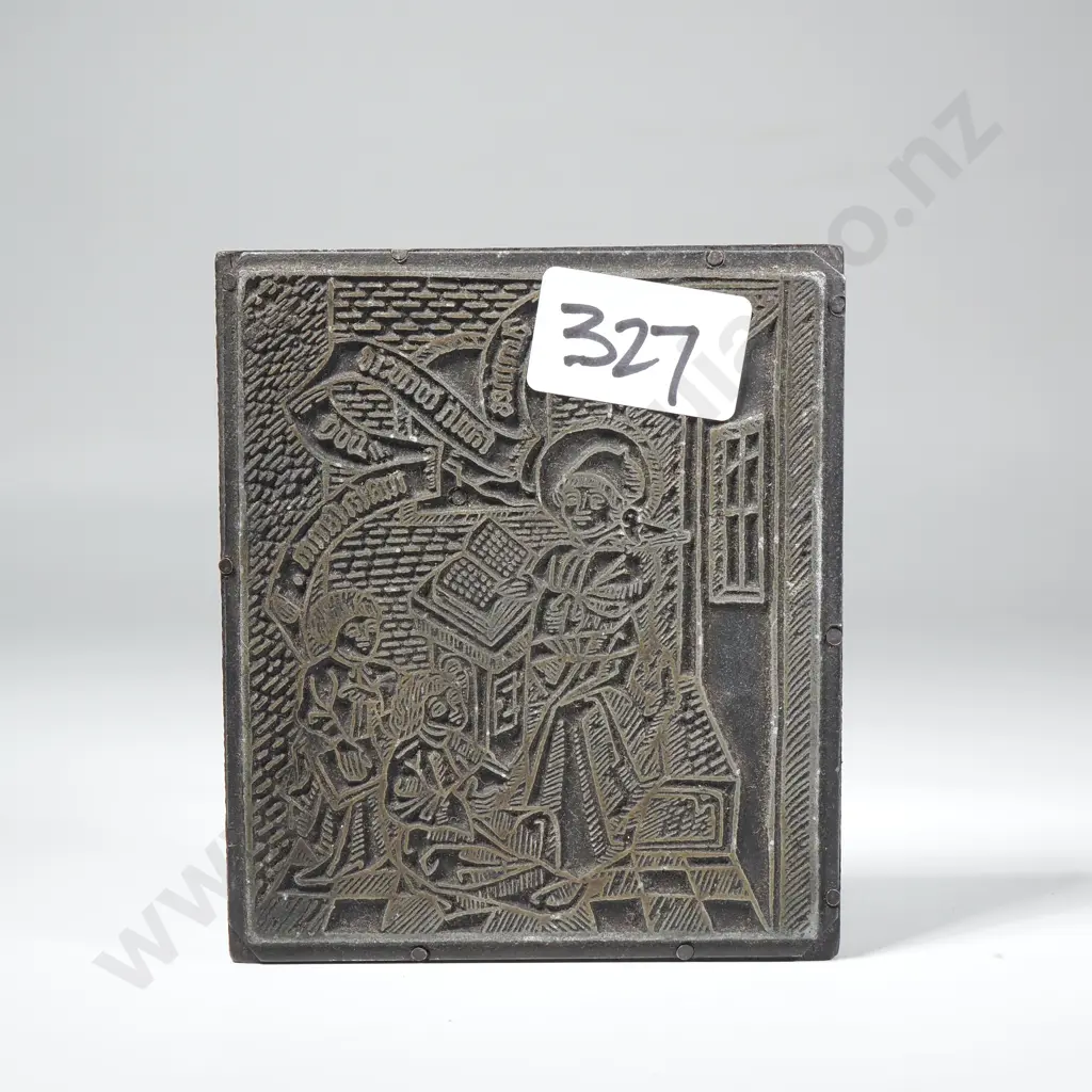 Vintage Metal Printing Block Depicting a Religious Or Allegorical Theme Image 1++