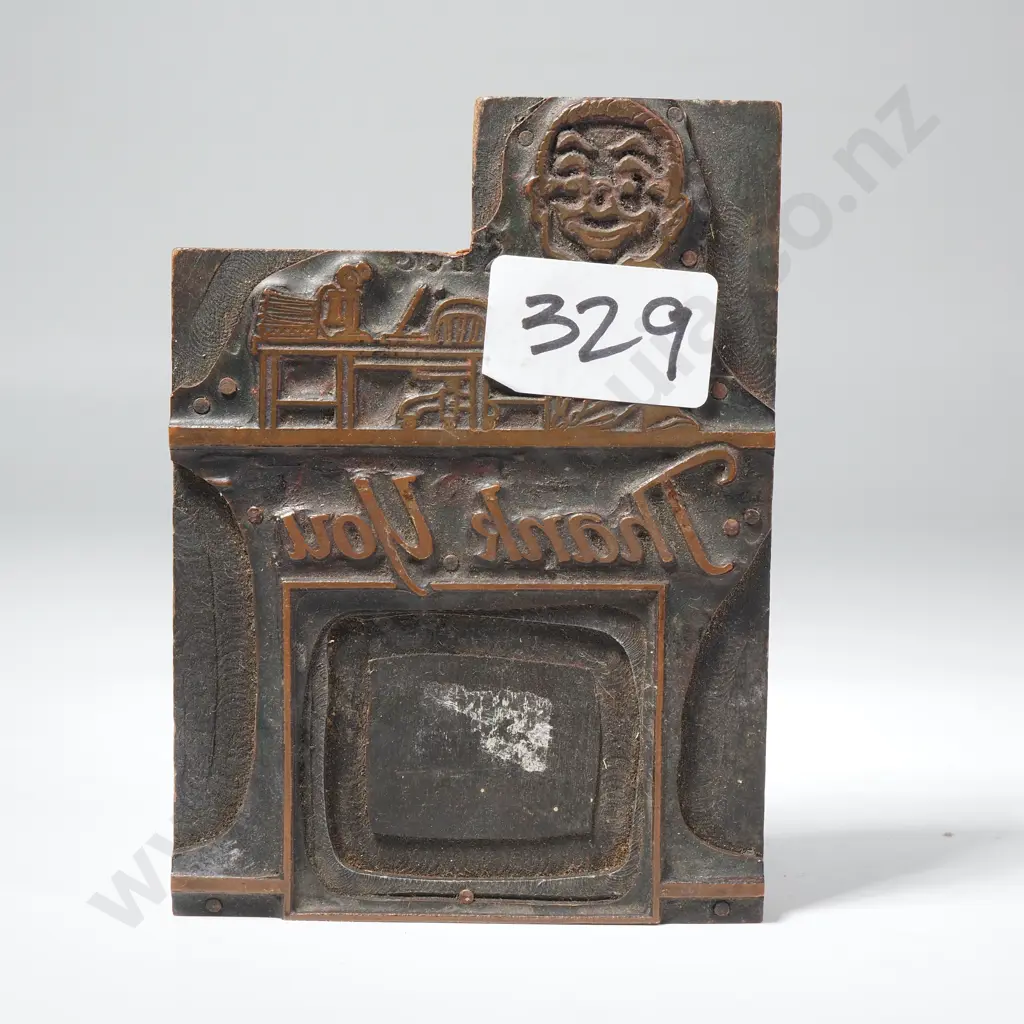 Vintage Metal Letterpress Printing Block Featuring a Cartoon Illustration of a Businessman above the words "Thank you Image 1++