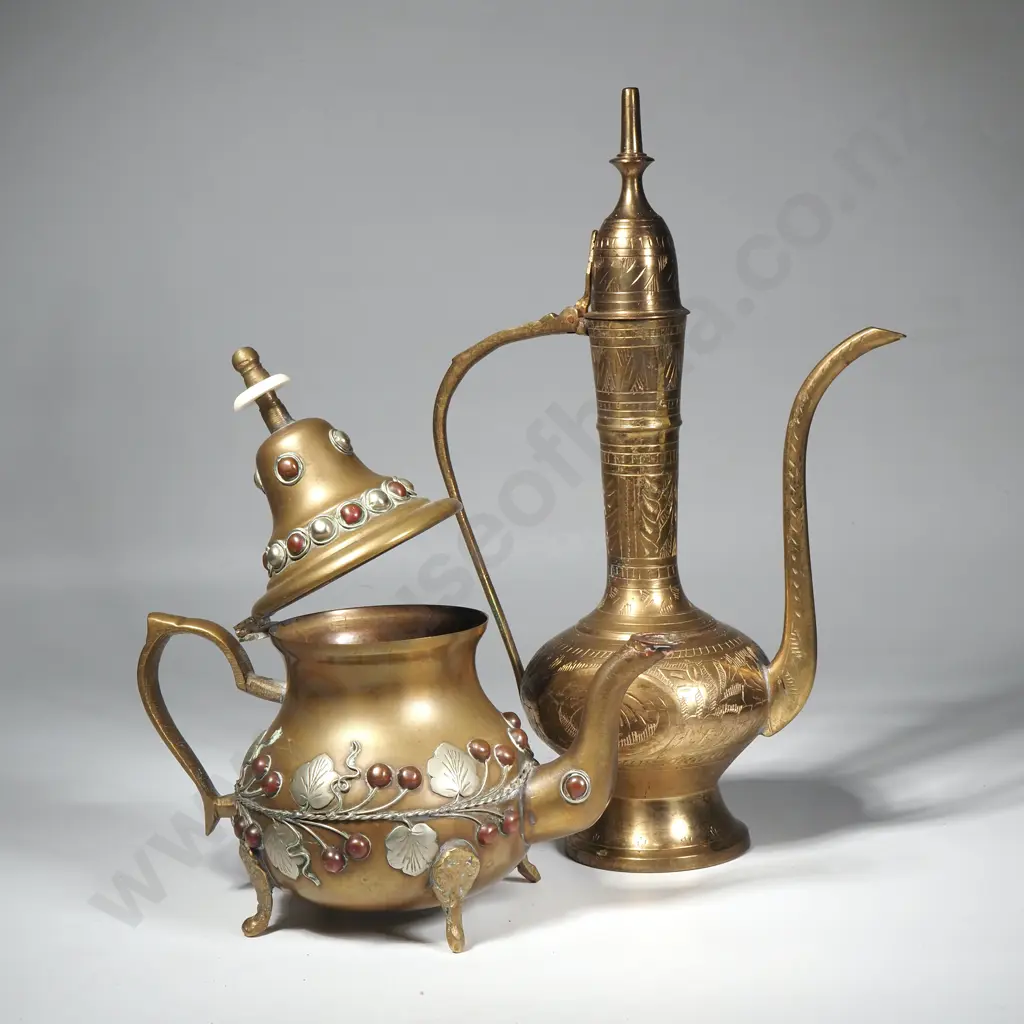 Vintage Moroccan Brass Teapot w Silver Tone Leaf Designs & Inlaid Stone Accents & An Indian Brass Coffee Pot or Dalah Image 1++