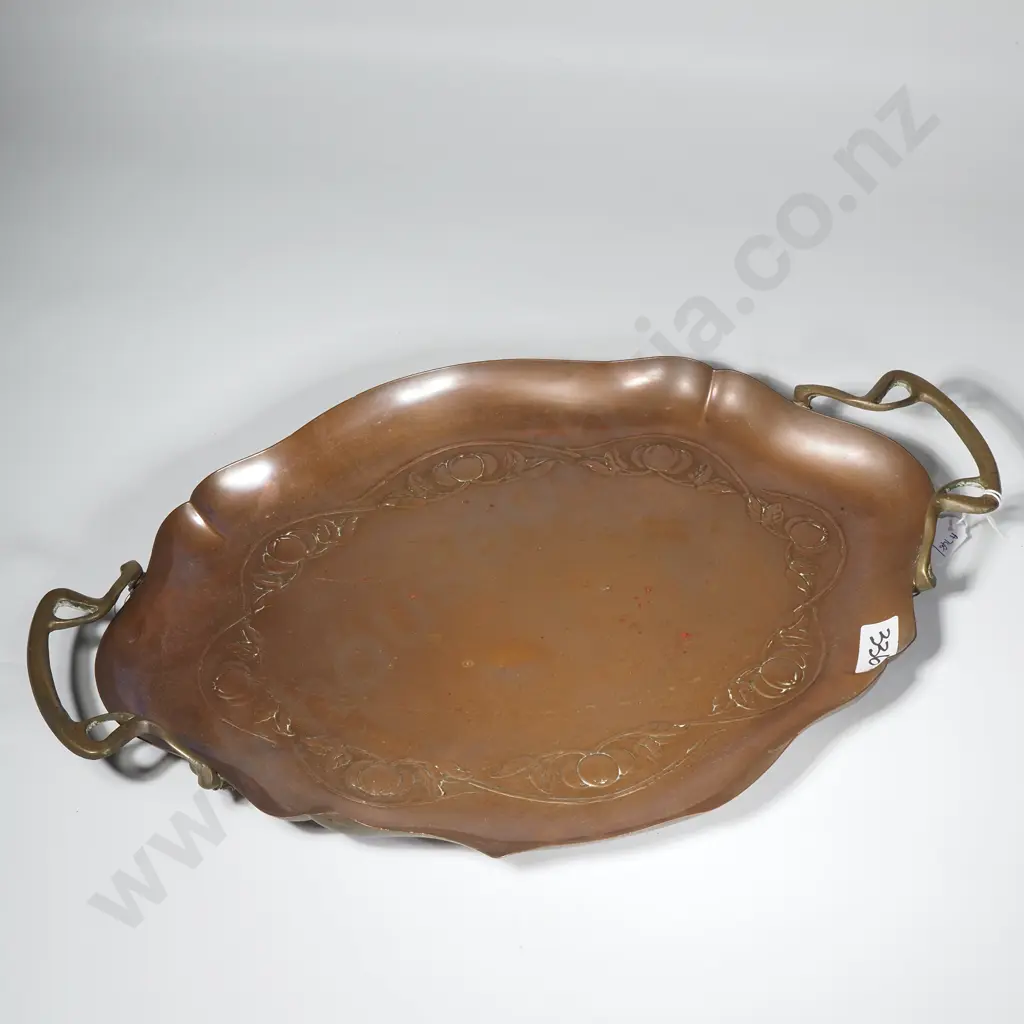 Copper Tray w Brass Handles & Art Nouveau Decoration. The Reverse Of The Tray Marked JS & S Image 1++
