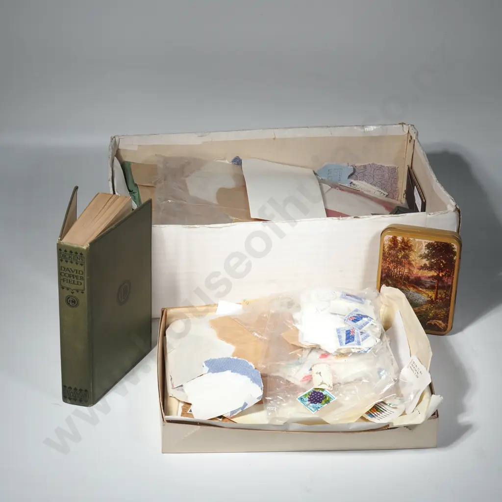 Box Of Stamps, Stamp Album, Book on Stamp Collection For Children, Hinges  & A Small Bag Of Coins Image 1++