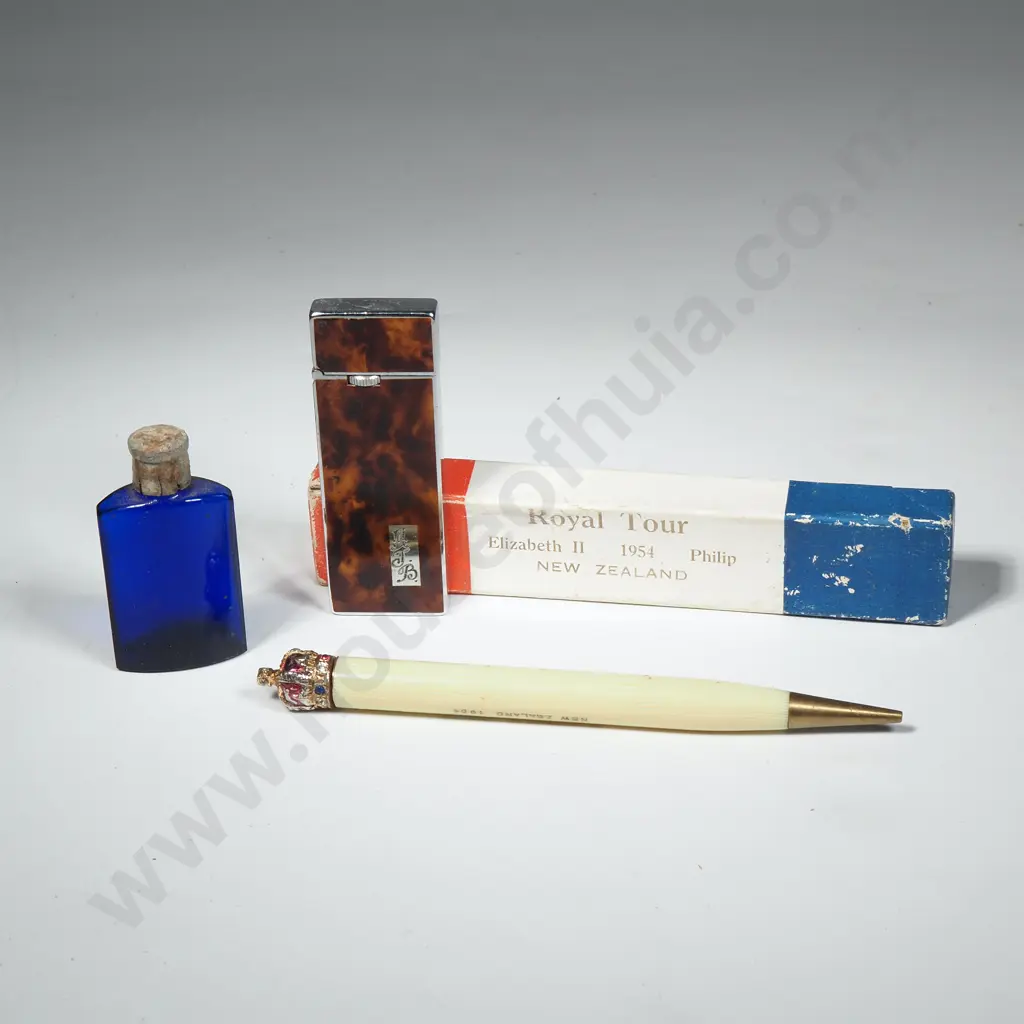 Vintage Royal Tour of NZ 1954 Propelling Pencil, Small Blue Bourjois Perfume Bottle & a Ronson Lighter Image 1++