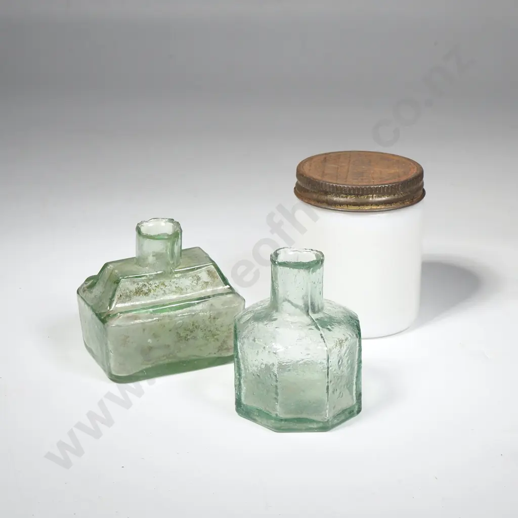 Two Victorian Era Green Glass Inkpots & a Vintage Milk Glass Small Jar w Lid (Rusted) Image 1++