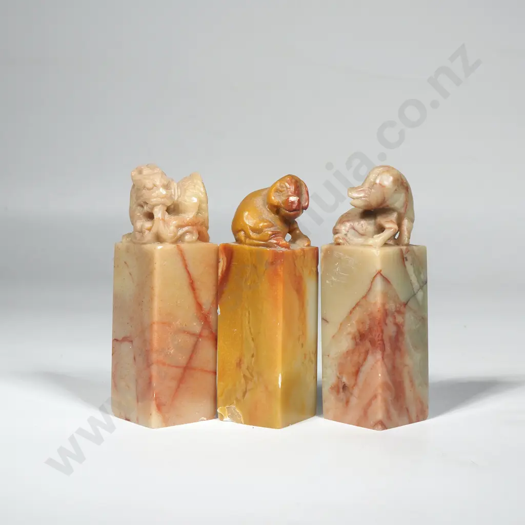 Three Stone Chinese Seals w Chop Marks & Carved Finials Depicting Mythological Creatures Image 1++
