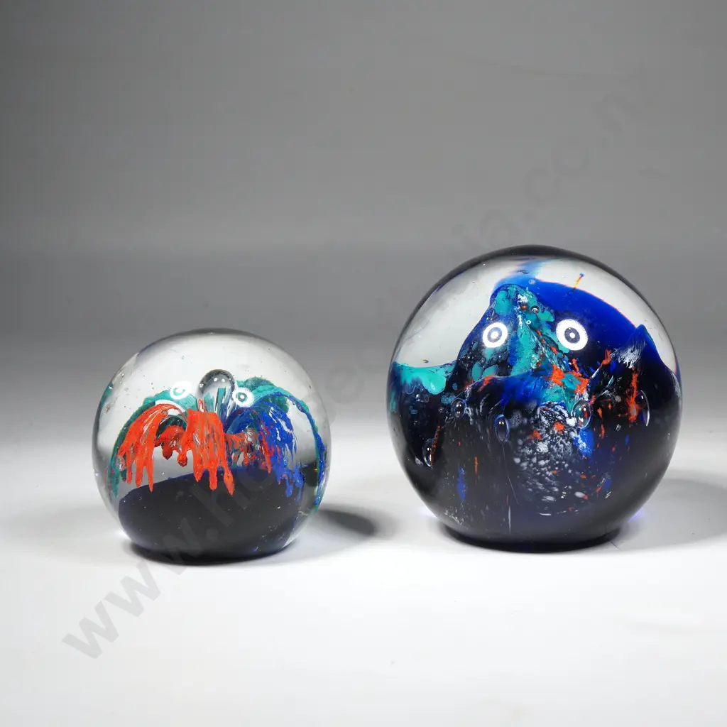 Two Vintage Art Glass Paperweights w Vibrant Blue & Orange Floral or Coral Design Image 1++