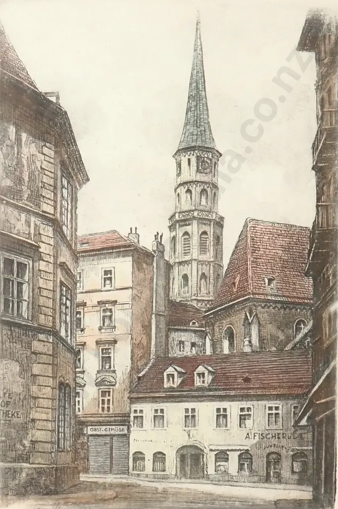 Robert Kasimir - Stallburggasse Street w the Church of St Michael, Vienna, Coloured Etching Image 1++