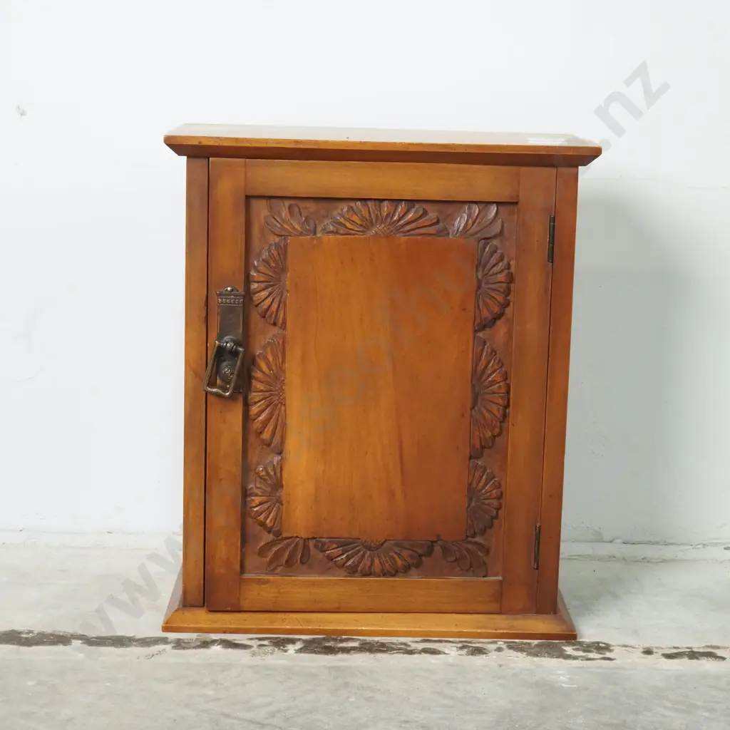 Small Colonial Wall Hung Cabinet w Ornate Relief Carving & Art Deco Brass Lock Image 1++