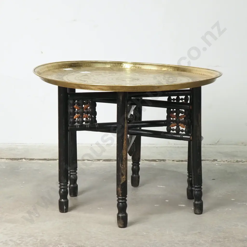 Indian Brass & Timber Folding Occasional Table Image 1++