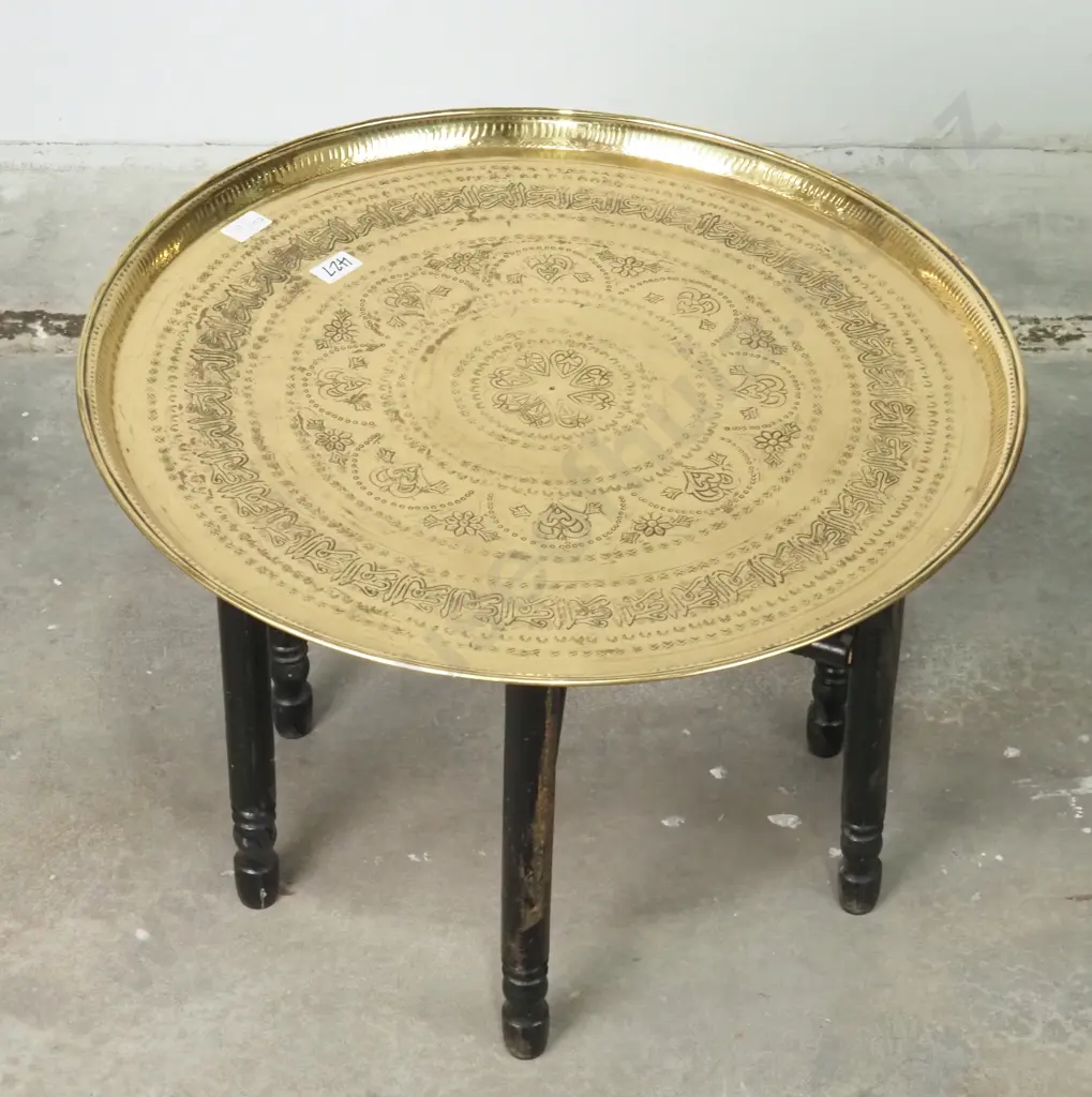 Indian Brass & Timber Folding Occasional Table Image 1++
