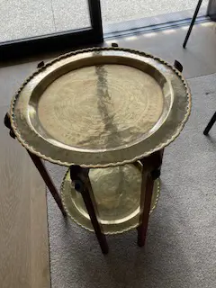 Vintage Two-Tier Folding Brass Table with Hand-Etched Floral & Asian Character Decoration Image 1++