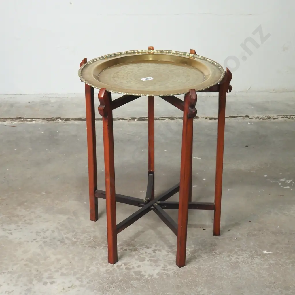 Vintage Decorative Brass Folding Table  w Intricate Hand Etched Floral & Asian Character Designs & w Scalloped Edge Image 1++