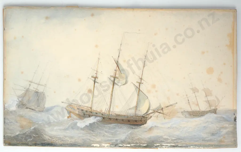 Artist Unknown - Seascape w Rigged Sailing Ships, Watercolour Image 1++
