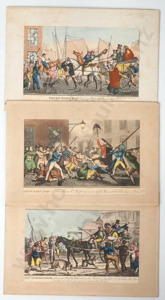 Three Coloured Antique Prints - Two Depicting Brian Boru Esquire Image 1++