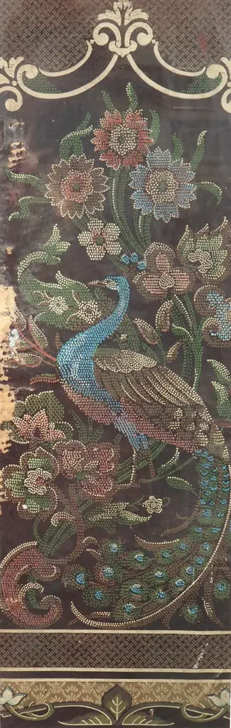 Vintage Indian Painting on Canvas Featuring a Peacock Amongst Flowers Image 1++