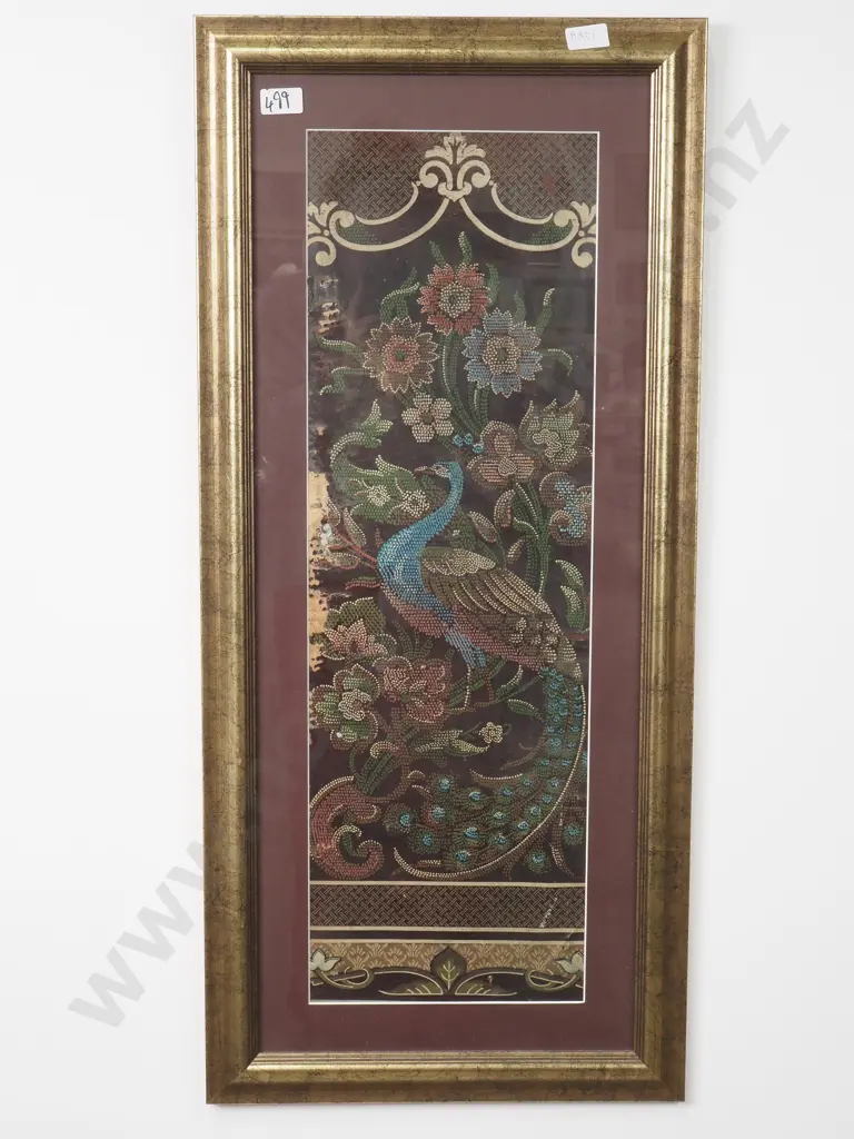 Vintage Indian Painting on Canvas Featuring a Peacock Amongst Flowers Image 1++