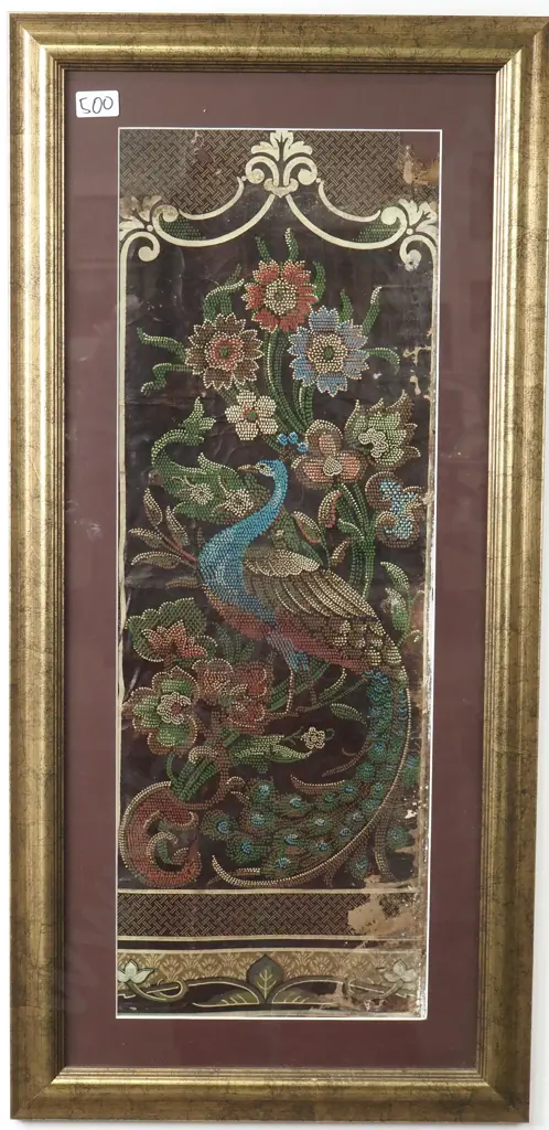 Vintage Indian Painting on Canvas Featuring a Peacock Amongst Flowers Image 1++