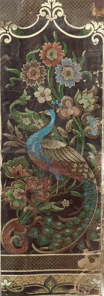 Vintage Indian Painting on Canvas Featuring a Peacock Amongst Flowers Image 1++